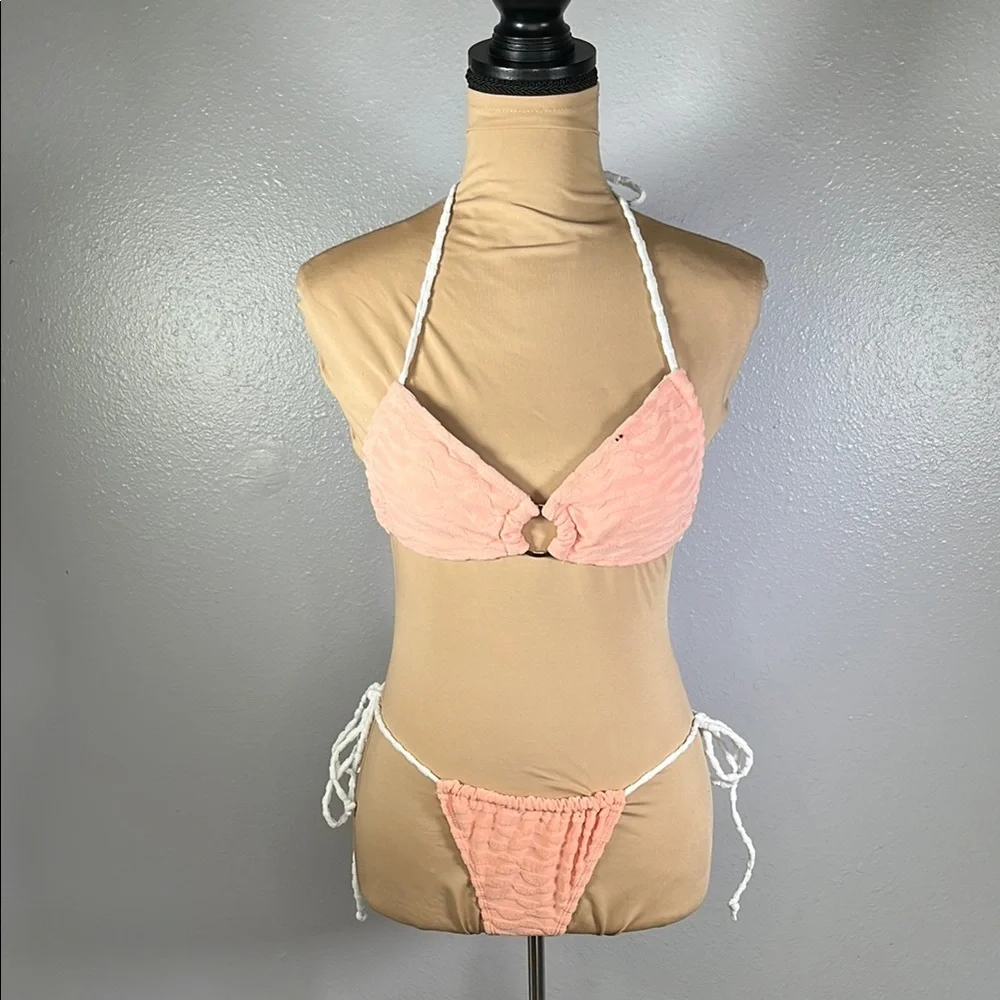Peach terry cloth Y2K textured ring linked tie string beach vacation bikini sz S